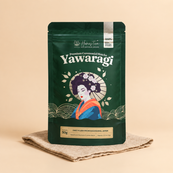 Honestea Yawaragi matcha 50g pouch on linen, from Kagoshima, Japan