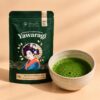 Honestea Yawaragi matcha 50g pouch with a bowl of whisked matcha