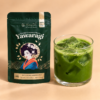 Honestea Yawaragi matcha 50g pouch with an iced matcha drink